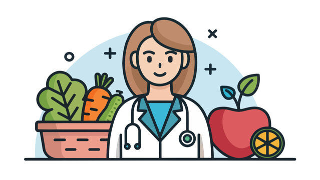 Nutritionist with stethoscope next to vegetables and an apple