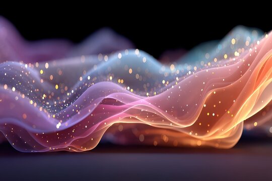 Abstract neon waves and glowing particles create a colorful flowing light background