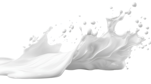 Dynamic milk splash with drops and waves on transparent background, fluid motion