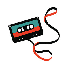 Retro cassette tape with magnetic ribbon trailing.
