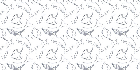 Seamless line art style seamless pattern with humpback whale, shark, stingray fish and killer whale swimming in the ocean. Background for marine and aquatic themed design.