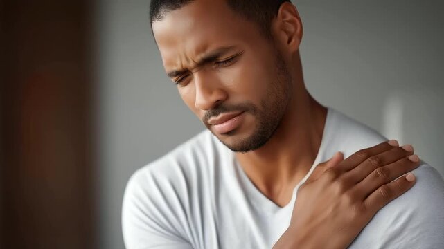 Black man holding shoulder expressing pain defocused background, faceless discomfort moment, injury visualization detail, blurred setting, health concept, medical interface, physic