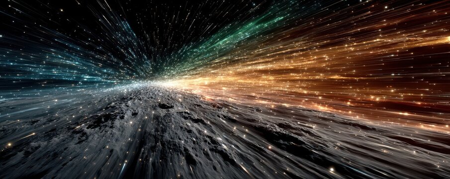 Colorful light streaks over a rocky lunar surface in a cosmic, futuristic scene