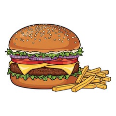 A delicious double cheeseburger with fries on a clean white background