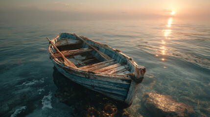 Weathered Wooden Boat on Calm Water at Sunrise