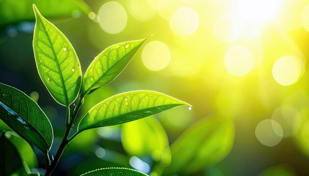 A close-up shot showcases lush green leaves with tiny water droplets, bathed in the warm glow of sunlight, creating a serene natural scene.