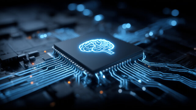 Artificial intelligence processor concept featuring a brain icon glowing on a central chip with electronic circuits, symbolizing machine learning power, data processing and advanced computing hardware