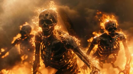 Flaming Skeletons Marching Through Fire and Smoke - Powered by Adobe