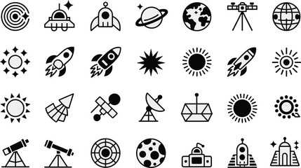 Space, icons, astronomy, planets, rocket, satellite, telescope, sun, moon, stars, galaxy, orbit, science, exploration, silhouette, vector, illustration, CAD, drawing, flatSpace, icons, 