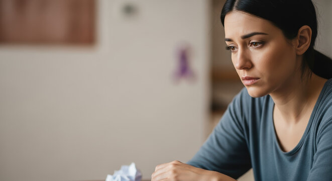 Depressed woman thinking about elimination of violence and seeking freedom from abuse. Elimination of violence and mental recovery requires professional support for woman in distress.
