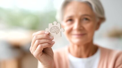 Elderly woman holding puzzle with brain symbol defocused dementia, faceless Alzheimer's concept, mental health visualization detail, blurred awareness background, senior support co
