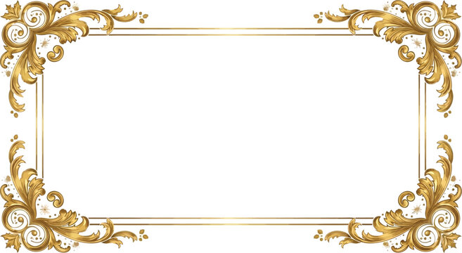 Ornate gold rectangular frame with floral elements isolated on white background