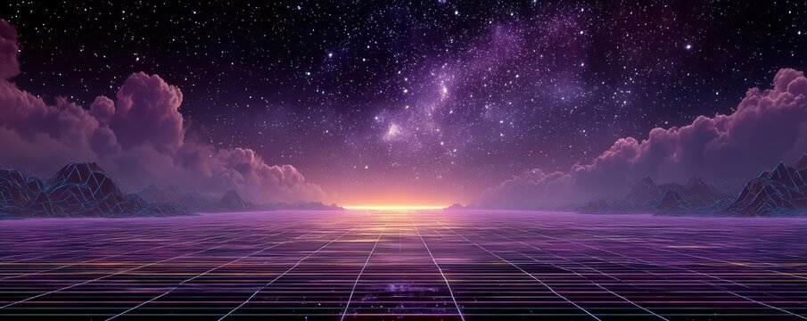 Retro-futuristic neon grid landscape under a starry sky with a purple sunset horizon