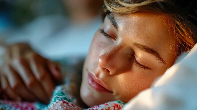 Peaceful close-up of a sleeping child resting under a warm blanket in soft natural light