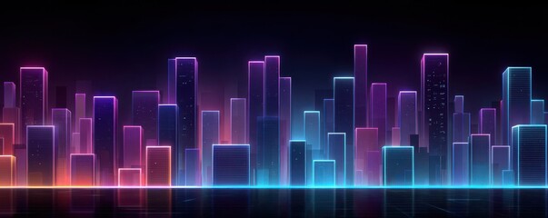Vibrant neon city skyline with glowing futuristic skyscrapers at night, reflections on calm water