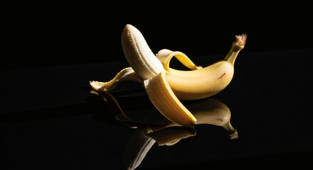 Close-up shot of a partially peeled banana, with its vibrant yellow hue contrasting against a black background