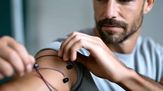 Electrodes attached to arm for treatment defocused medical testing, faceless therapy session, electrical visualization detail, blurred clinical background, medical treatment concep