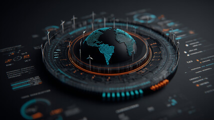 Futuristic global energy interface with digital earth and wind turbines representing renewable energy strategy climate responsibility and worldwide monitoring of sustainable development indicators.