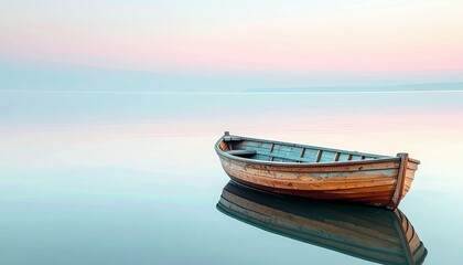 A solitary wooden rowboat rests peacefully on the glassy surface of a lake or ocean during a tranquil sunrise.