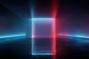 Abstract neon tunnel with glowing blue and red square frames creating a futuristic backdrop