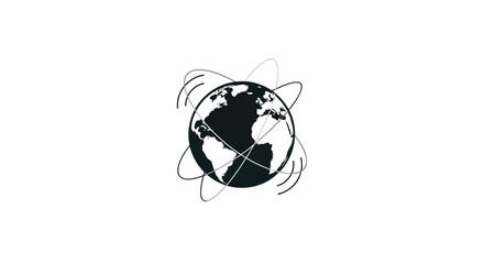Stylized black and white illustration of planet earth with orbiting lines representing global connectivity and technology