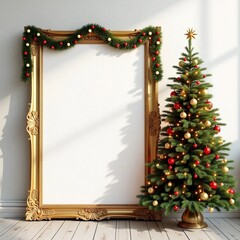 Opulent Christmas Tree Framed by a Gold Frame and Lighted Garland