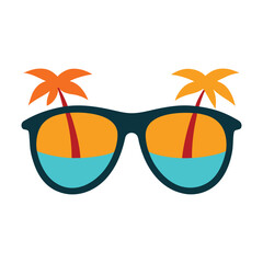 Retro sunglasses with palm tree reflection on white background. 