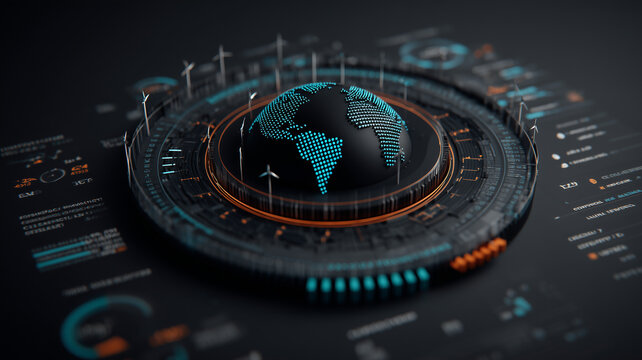 Futuristic global energy interface with digital earth and wind turbines representing renewable energy strategy climate responsibility and worldwide monitoring of sustainable development indicators.
