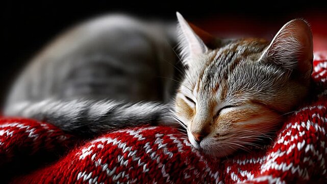 A peaceful cat nestles into a cozy, red-patterned blanket, embodying tranquility and warmth as it enjoys a restful sleep, its fur gently illuminated by soft lighting, creating a serene atmosphere.