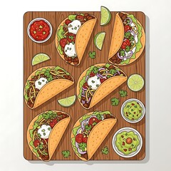 Delicious Tacos and Guacamole Platter on Wooden Board.
