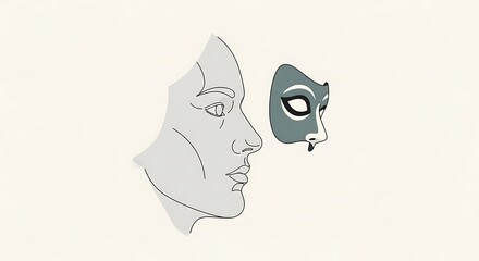 Minimalist line art illustration of a human face and a separate mask.