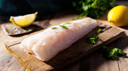 Fresh Raw Cod Fillet on Wooden Board with Herbs and Lemon. Generative AI