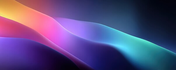 Abstract rainbow gradient ribbons flow across a dark blue background