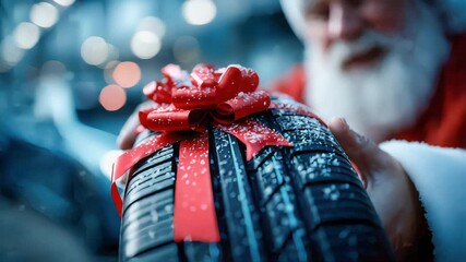 Santa Claus presenting a car tire wrapped with a red ribbon as a holiday gift - Powered by Adobe
