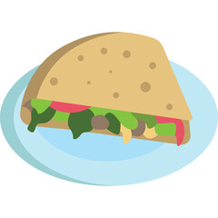 Flat illustration of a folded tortilla filled with lettuce meat and tomato served on a blue plate against a transparent background
