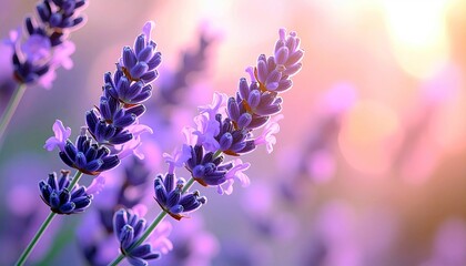 A close-up view of blooming lavender flowers, with soft bokeh lights in the background.