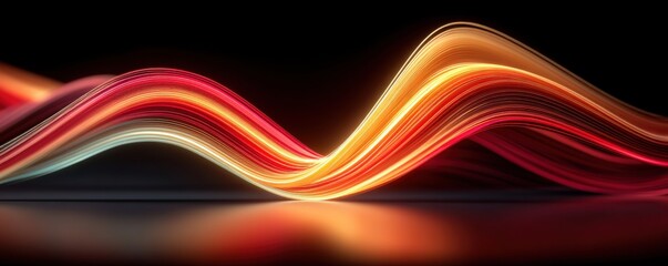 Vibrant red and orange glowing light waves sweep across a dark abstract background