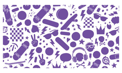Purple skateboard and retro icons pattern isolated on