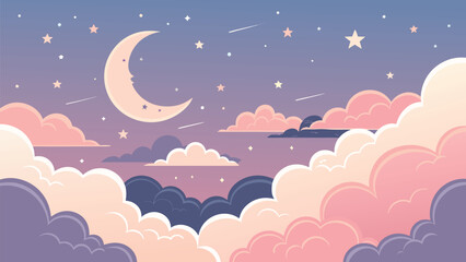Enchanting celestial dreamscape with crescent moon and sparkling stars amidst soft pastel clouds, evoking tranquility and wonder for storybooks and designs