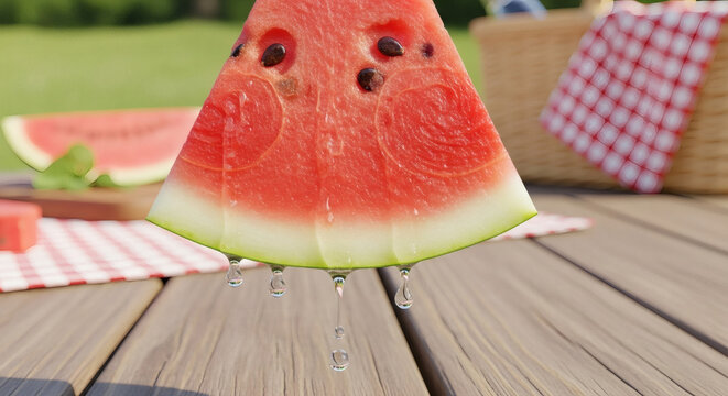 A refreshing close-up of a juicy watermelon slice with sweet juice dripping onto a wooden picnic table during a sunny summer day