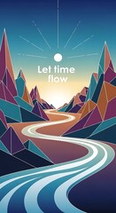 Abstract Winding River Through Geometric Mountains Under a Celestial Sky.