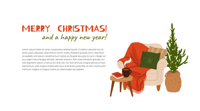 Christmas cozy reading armchair with blankets and pillows. Warm festive winter interior scene with table, cup of coffee and a book, comfy hygge holiday home decor illustration.