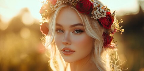 A close-up portrait of a young woman with soft, wavy blonde hair adorned with a floral crown of red and white flowers