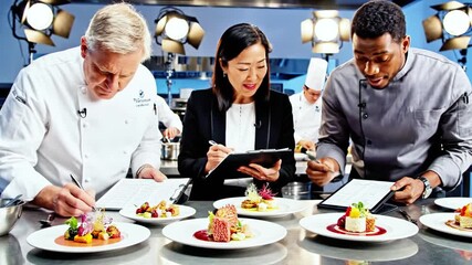A culinary team evaluates plated gourmet dishes, taking notes in a professional kitchen setting