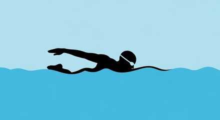 Silhouette of a swimmer in the water, swimming freestyle stroke.