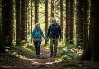 Senior woman and man walking hand in hand on a forest trail with backpacks. Happy couple enjoying active outdoor lifestyle, nature exploration.