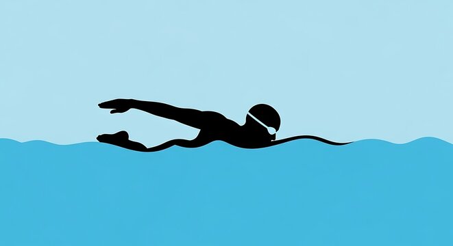 Silhouette of a swimmer in the water, swimming freestyle stroke.
