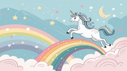Magical unicorn leaps across a vibrant rainbow with stars and moon, perfect for children's illustrations and whimsical designs with a touch of fantasy