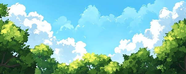 A beautiful forest canopy with a blue sky and white clouds in the background