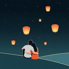 Couple Watching Lanterns Fly in Starry Night Sky.